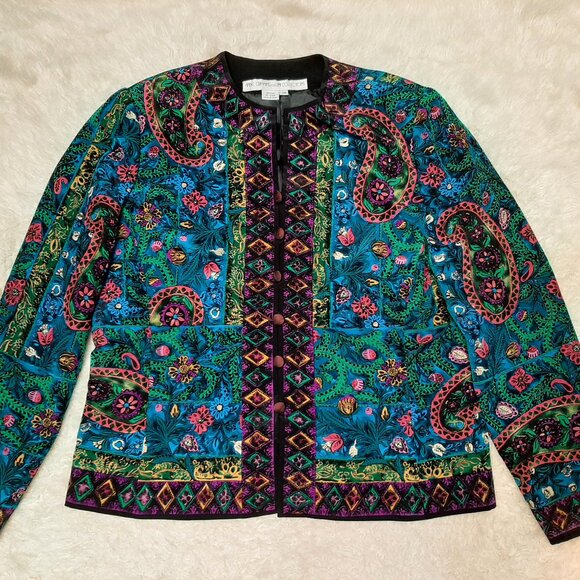 VTG Anne Crimmins for Umi Collections Women's 100% Silk Cashew Flower Jacket 14 - Picture 2 of 8